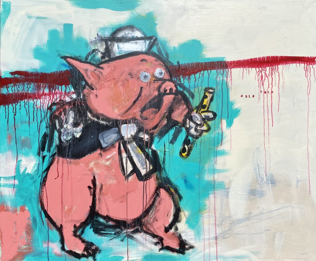 Acrylic painting of one of the three little pig characters. Turquoise and white background, and a splash of red, with drips and dripping, possibly evoking thoughts of blood.